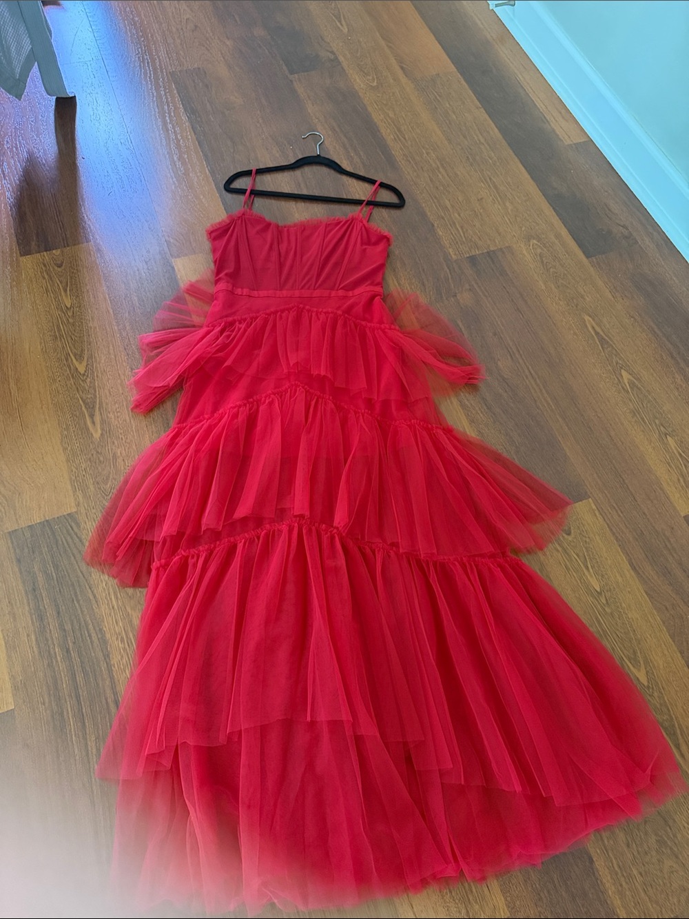 Betsy & Adam Red Tiered Tulle Spaghetti-Strap Maxi Dress - Picture 4 of 4